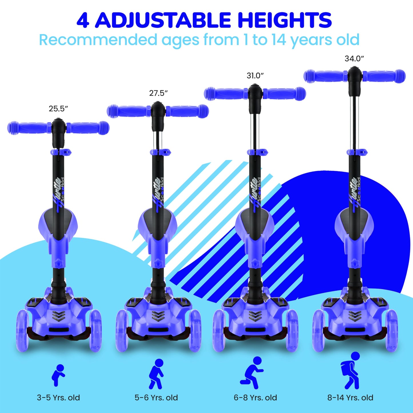 Hurtle 3-Wheeled Kids Scooter - Adjustable Lean-to-Steer Handlebar, Wheel LED Lights, Foldable Seat, Blue, One Size, Model HURFS56