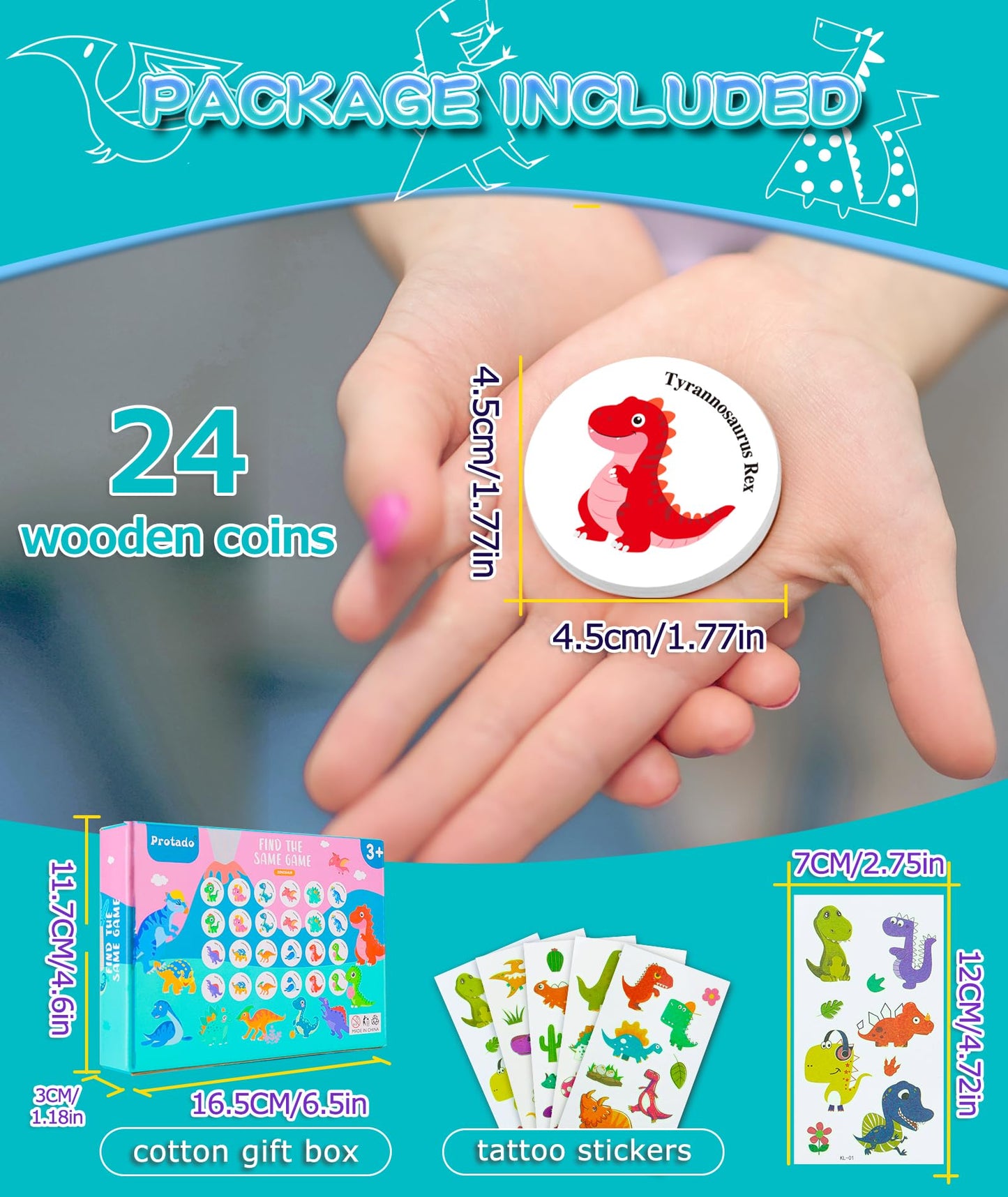 Wooden Dinosaur Memory Game For Kids - 24-Piece Matching Cards & 5 Tattoo Stickers, Educational Toys For Pre-Kindergarten Early Learning