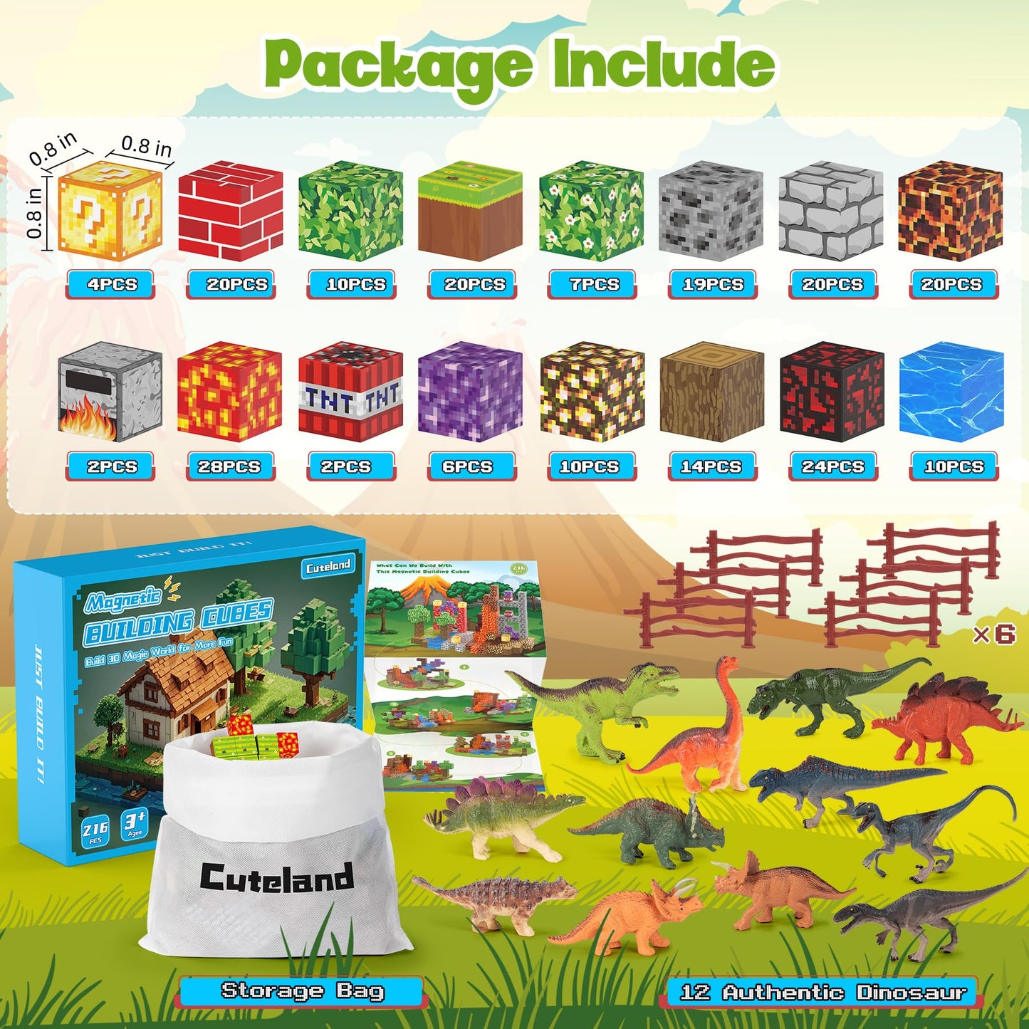 Cuteland Magnetic Blocks 216Pcs Volcano Style, Magnetic Building Blocks For Boys 6-8,Toys Gift For 6+ Year Old Kids, Constructio