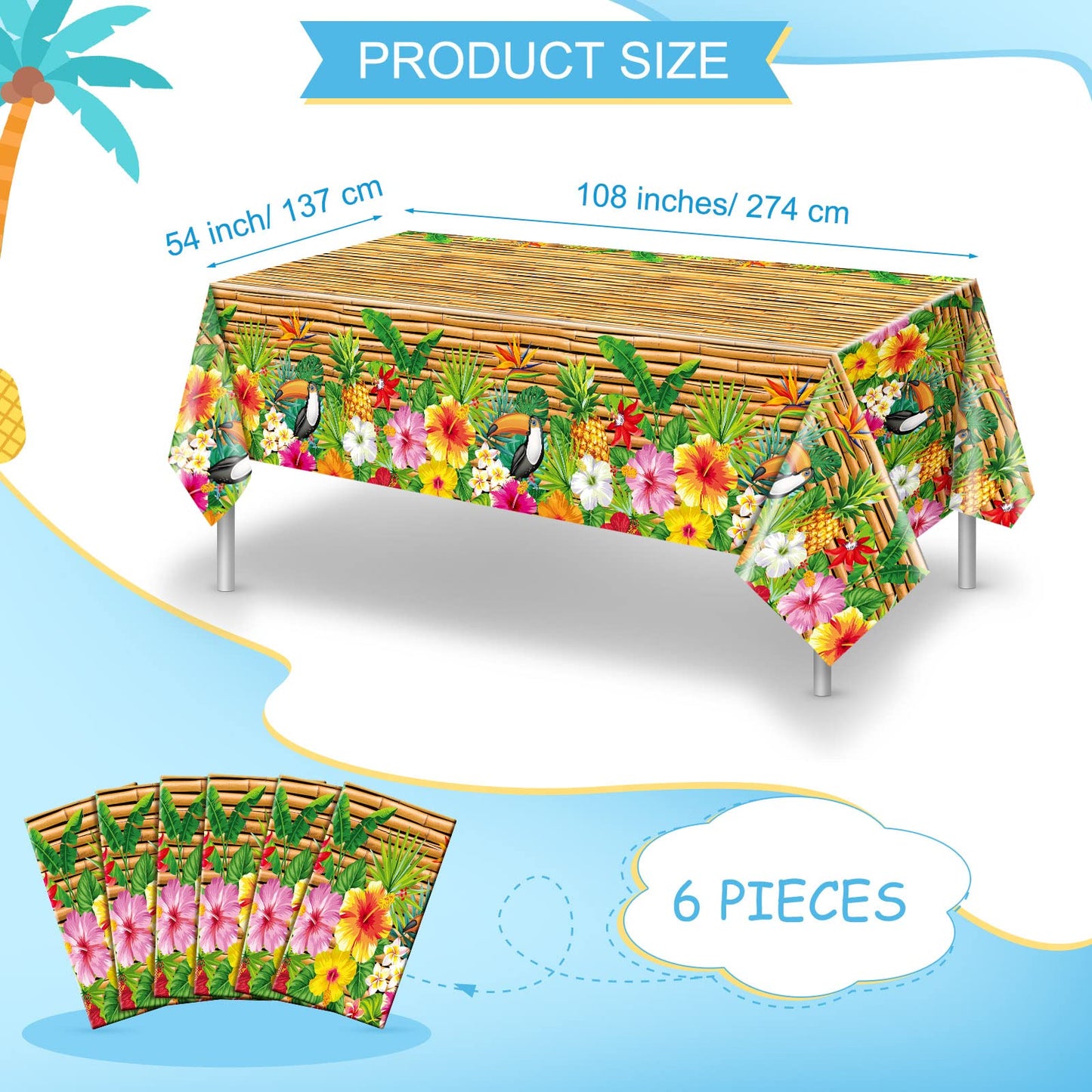 Frienda Tiki Tablecloth Tiki Decorations Luau Table Cover Hawaiian Party Plastic Table Cloth Disposable Tiki Totem Decor For Hawaii Beach Tropical Decoration Supplies Aloha (Modern Style, 6 Pieces)