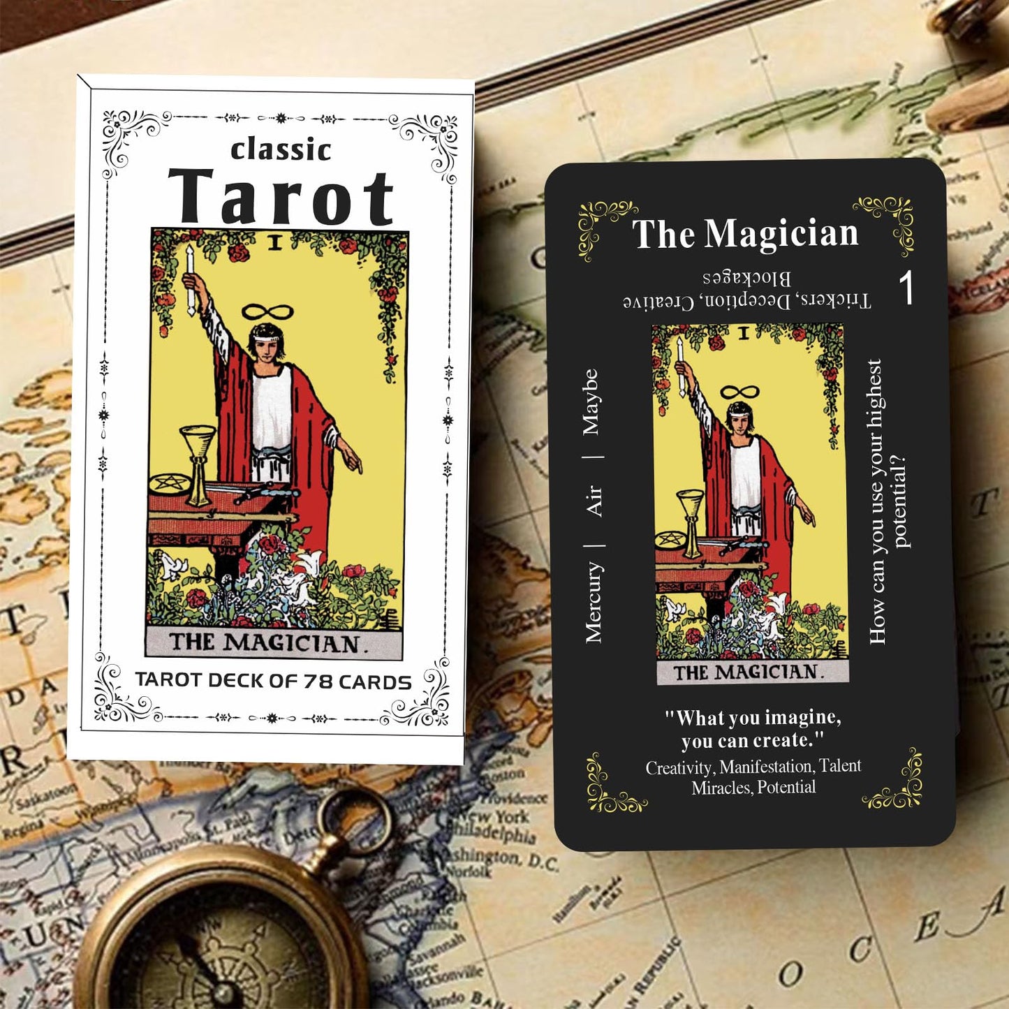 GZSYXHJYXGS Tarot Cards for Beginners - 78 Classic Black Deck with Meanings, No Guide Book Needed, Fortune Telling Game