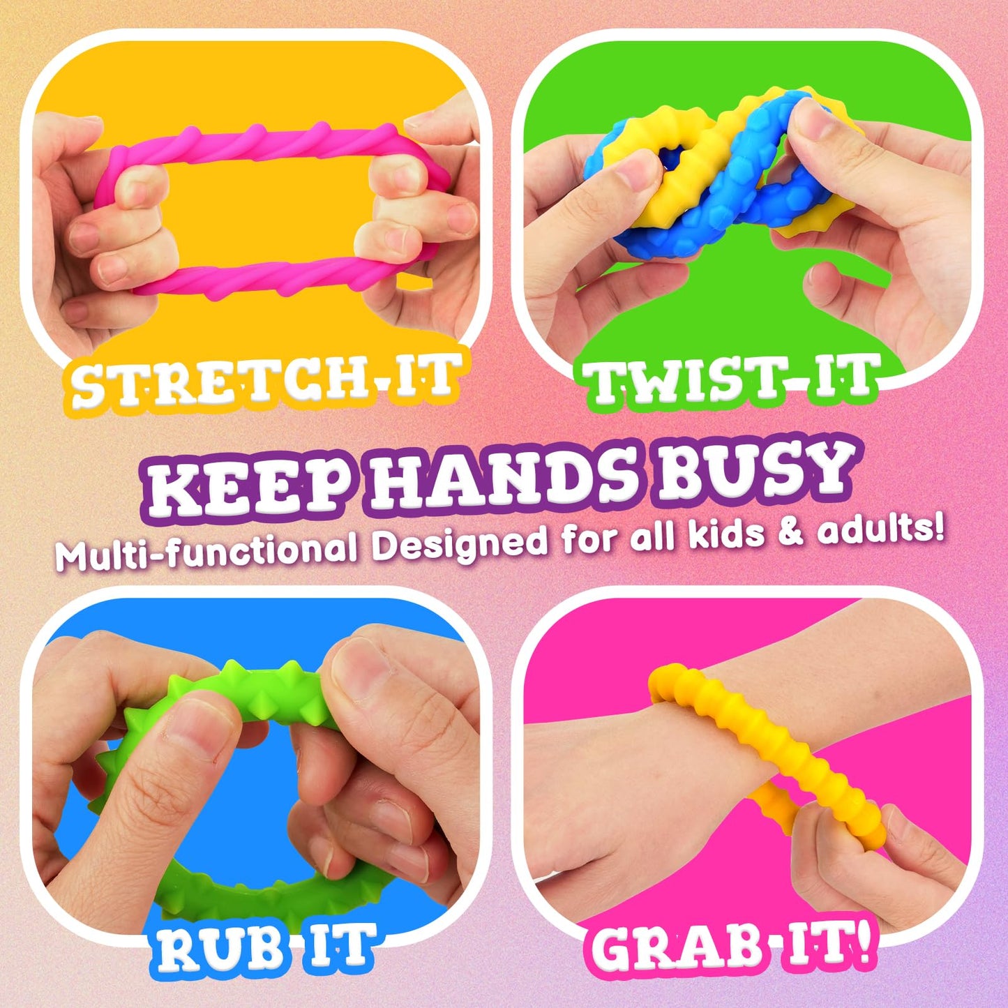 SMALL FISH Sensory Fidget Toys for Kids - 4 Pack Chew Rubber Bracelets, Calming Anxiety Toys, Perfect for Classroom & Gifts