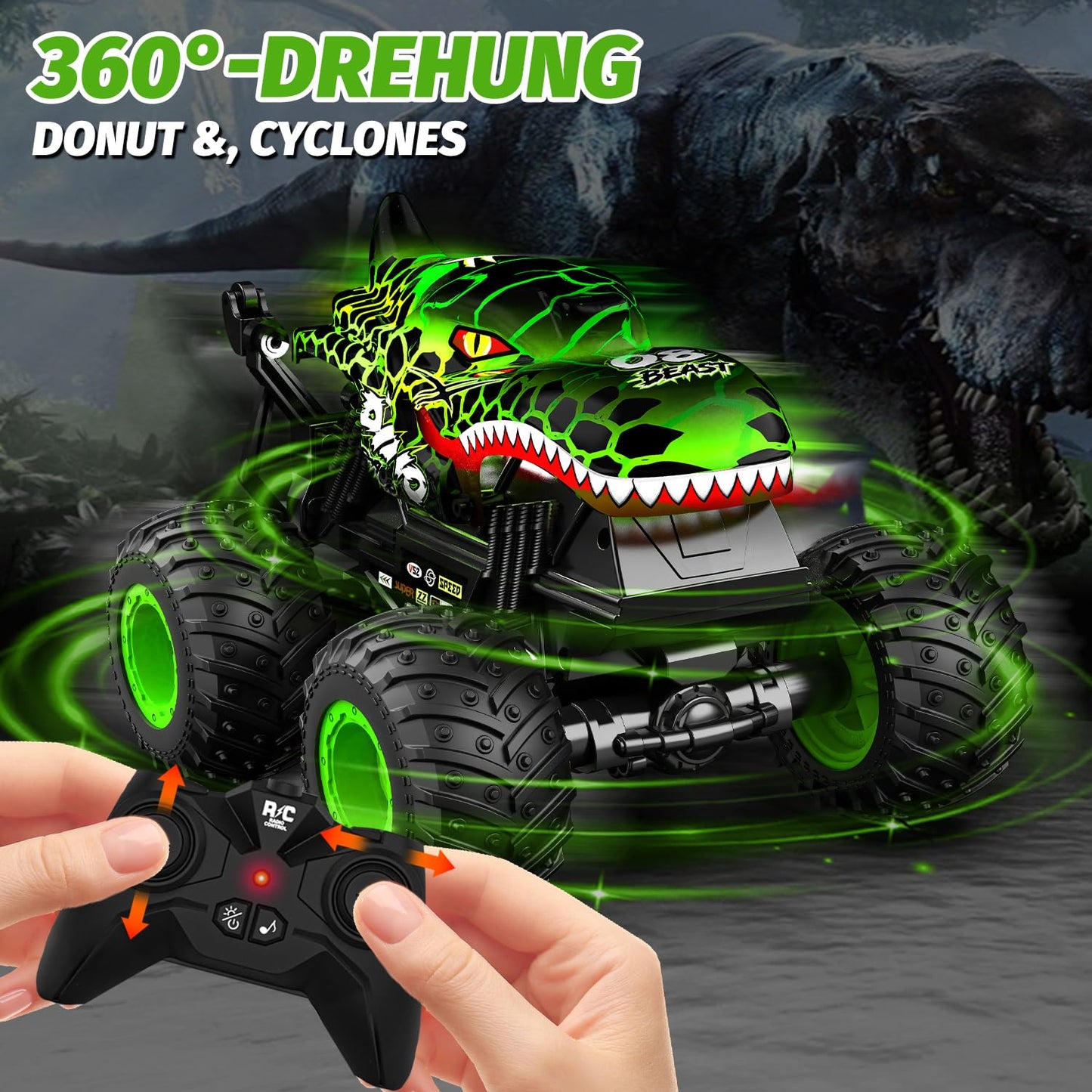 Gohero Monster Truck Toys - 1:20 RC Car with 360° Spins, LED Light, Music, 2 Rechargeable Batteries for Kids Age 4-7 - Plastic, All-Terrain