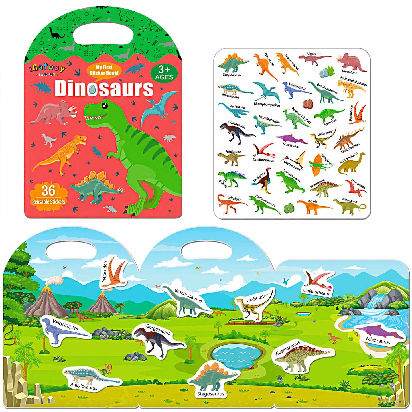 Igetooy Reusable Sticker Books For Kids, Sticker Books For Toddlers 2-4 Years, Airplane Travel Essential For Kids, Stickers For Kids 2 3 4 5 6 Year Old Girls Boys (Dinosaurs)