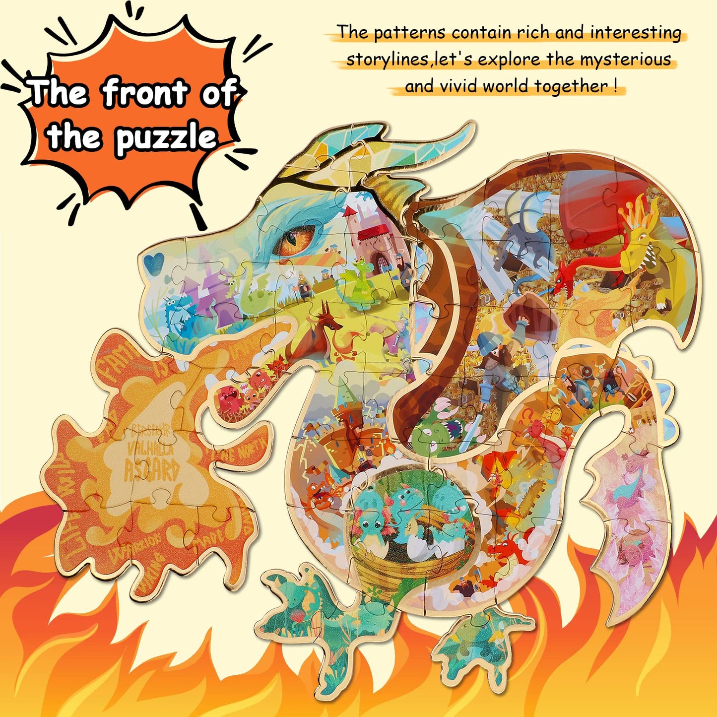 Has Floor Puzzles For Kids Ages 4-8, Fire-Breathing Dragon Shape Double-Sided Puzzle, 48 Piece Large Children Jigsaw Puzzle For