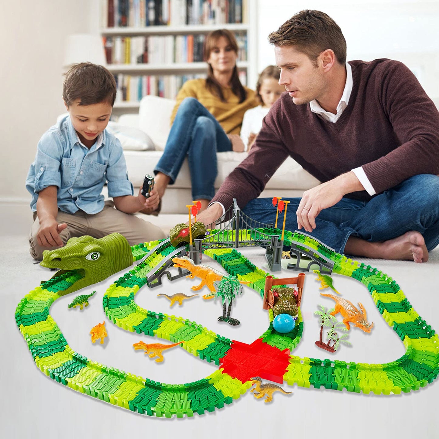 BEMITON Dinosaur Race Car Track Set - 273+ Pcs ABS Toys for Kids, Blue, Model 668-27A, Perfect Christmas Birthday Gifts for Ages 3-7