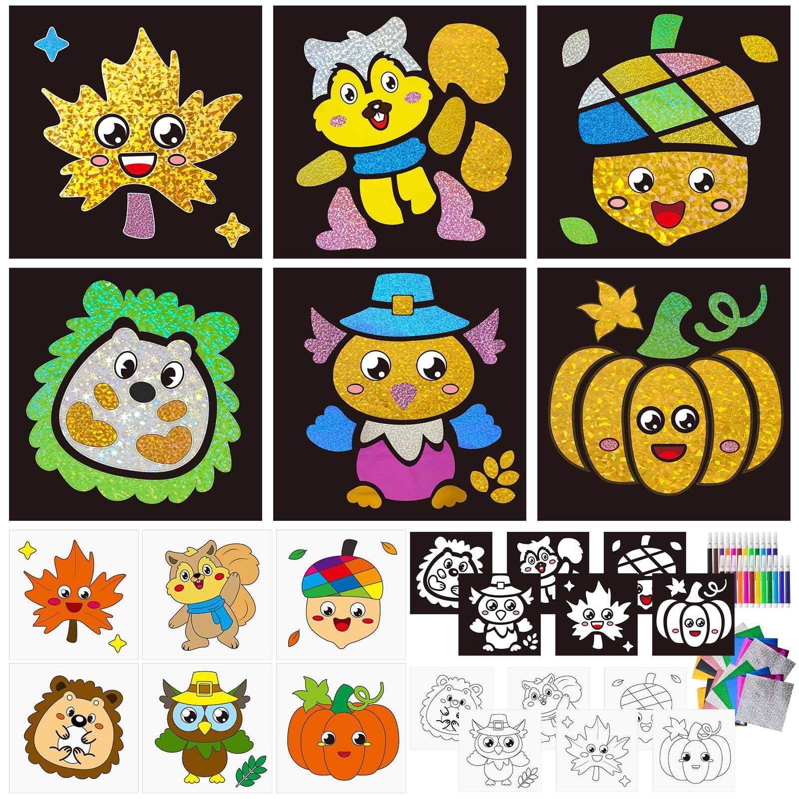 Cinrobiye 24 Set Thankgiving Fall Foil Art Craft Kits DIY Leaves Animals Painting Kits Art Paper Coloring Activity for Autumn Cl