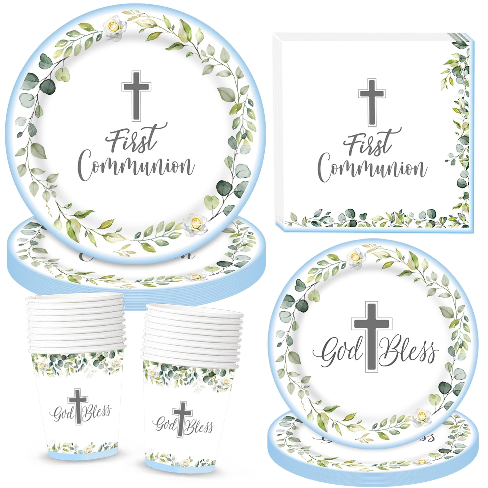 LyhongParty First Communion Decorations, First Communion Paper Plates and Napkins (Serves 25), Blue Baptism Plates and Napkins,B
