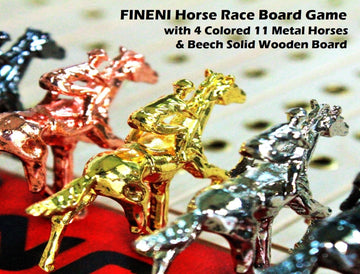 Fineni Horse Racing Game For Adults, Horse Race Board Game With 11 Luxurious Metal Horses (Gold, Silver, Black, Rose Gold), 22” Beech Wood Horse Race Game Board, Dice & Gold Card Included (Beech)