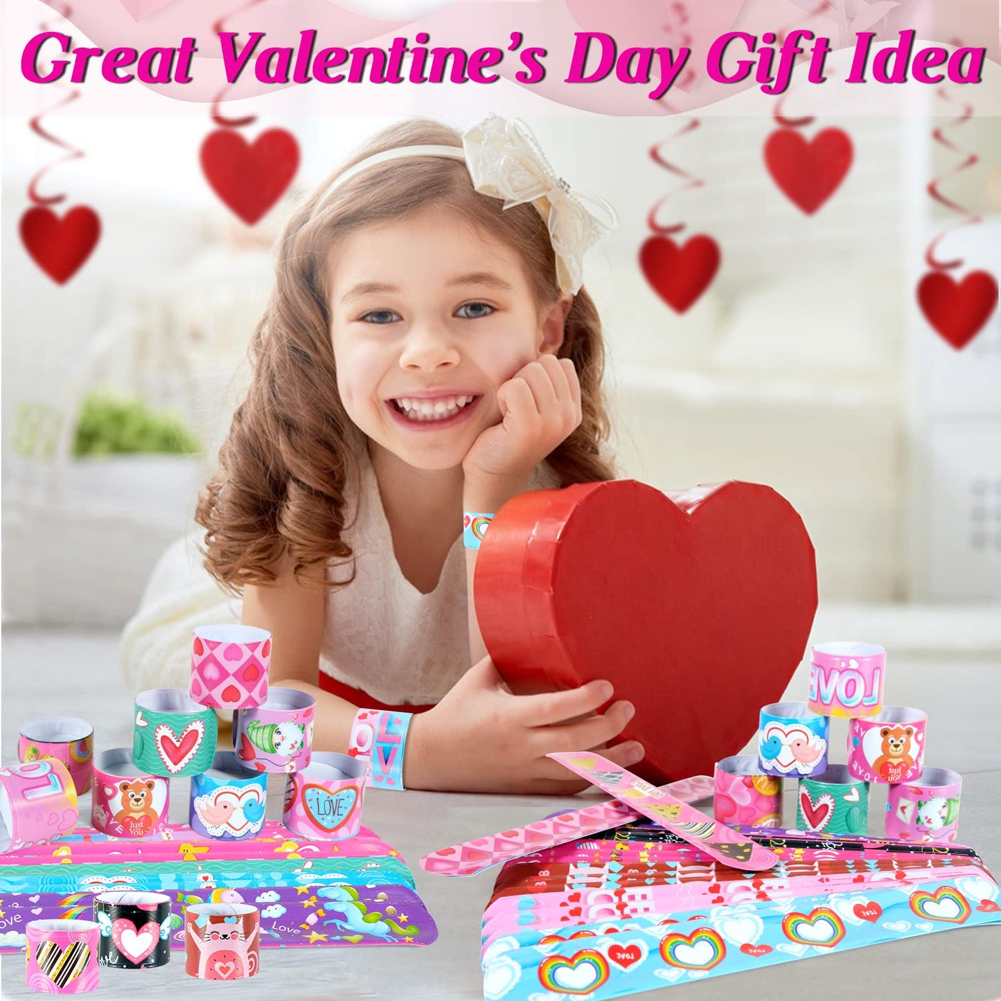 Valentine's Day Slap Bracelets 48Pcs Valentine's Day Party Favors for Kids Valentine's Day Snap Bracelets Party Supplies Valenti