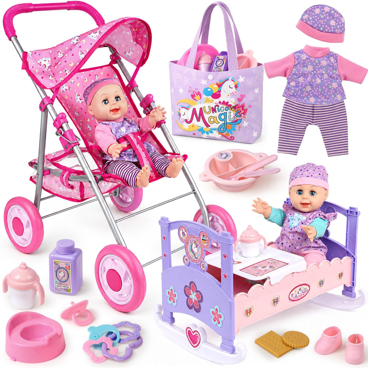 TUZT Baby Doll Stroller Playset for for 3 4 5 6 Year Old Girl, 12 Baby Doll Grib Toys Set with 2 Clothes, Feeding Nursing Pret