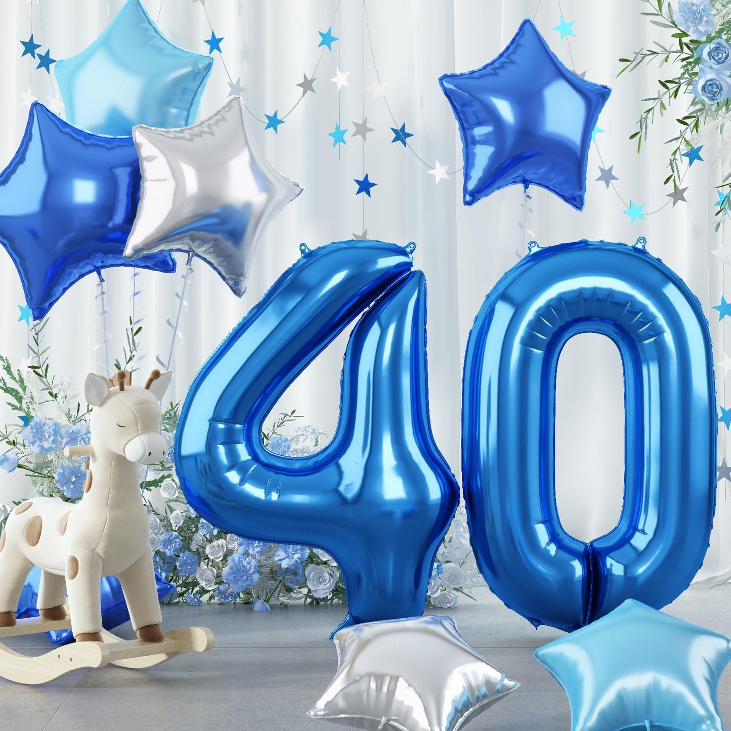 40 Inch Dark Blue Number Balloons 40, Large Royal Light Blue 40 Helium Foil Mylar Balloon, Globos Azules Self Inflating Silver S