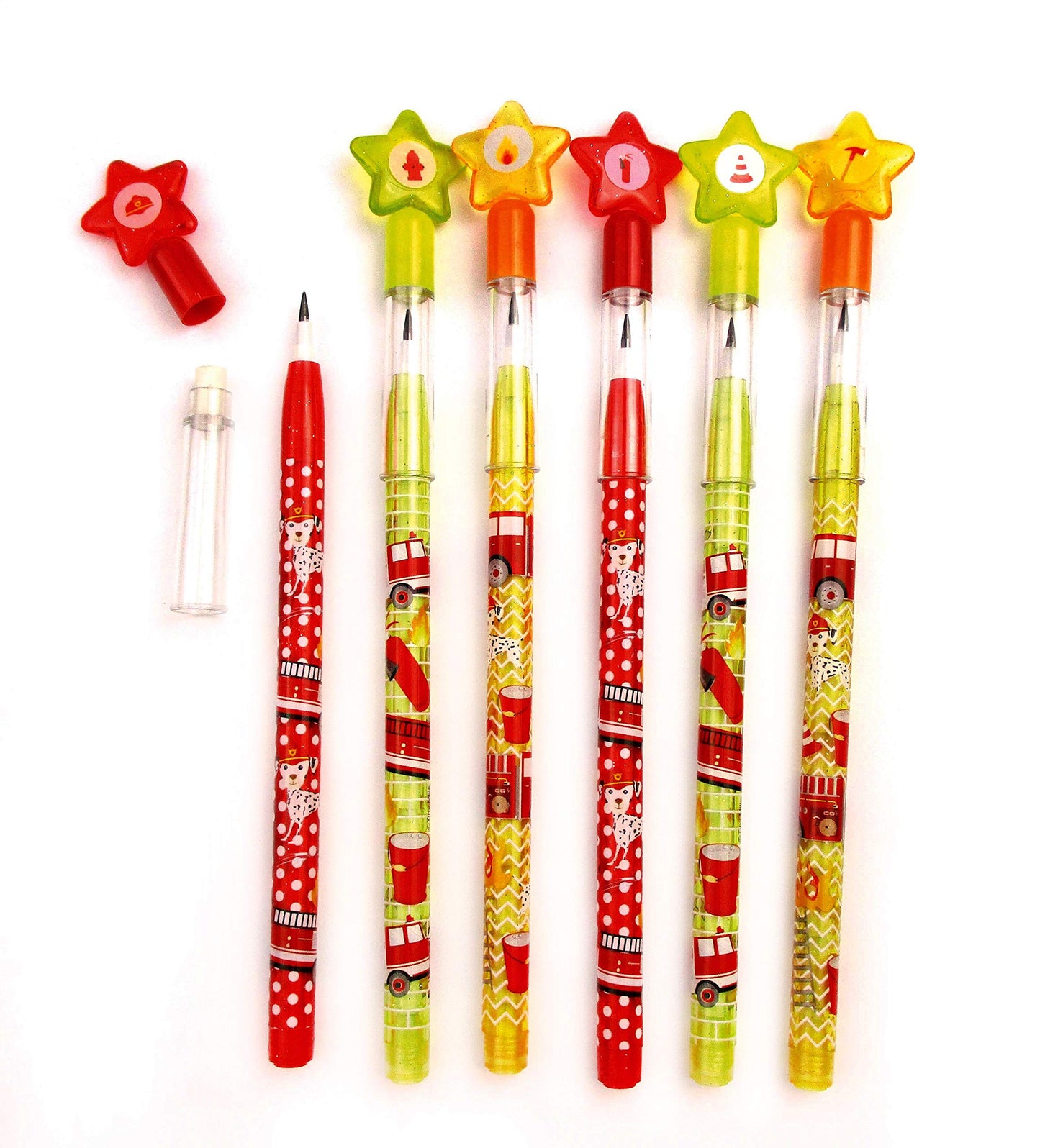 TINYMILLS 24 Pcs Fire Trucks Multi Point Stackable Pencilwith Eraser for Fire Truck Birthday Party Favor Prize Carnival Goodie B
