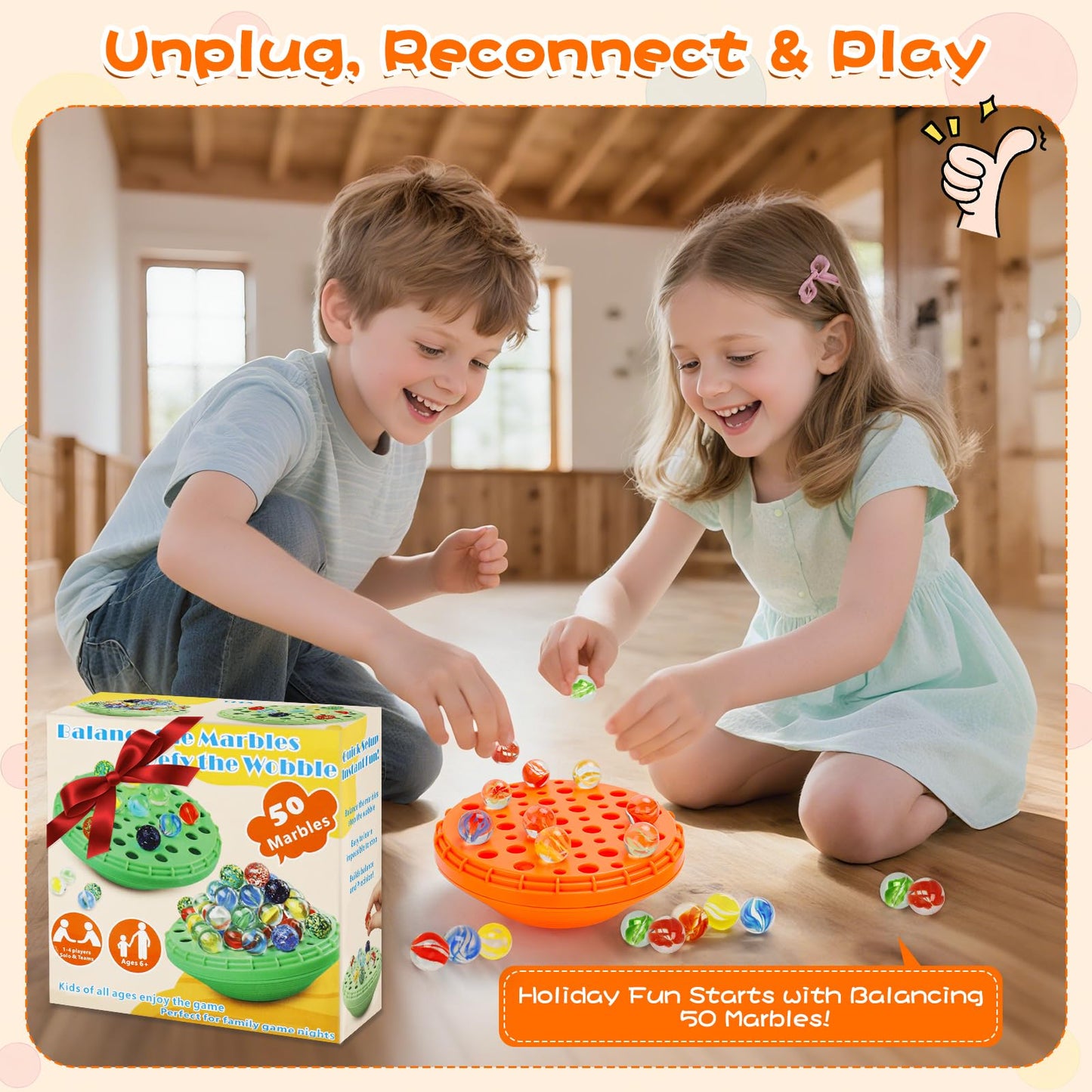 Marble Balance Game - 50 Colorful Marbles with Built-in Storage, Fun Family Challenge for 1-4 Players, Educational Toy for Kids