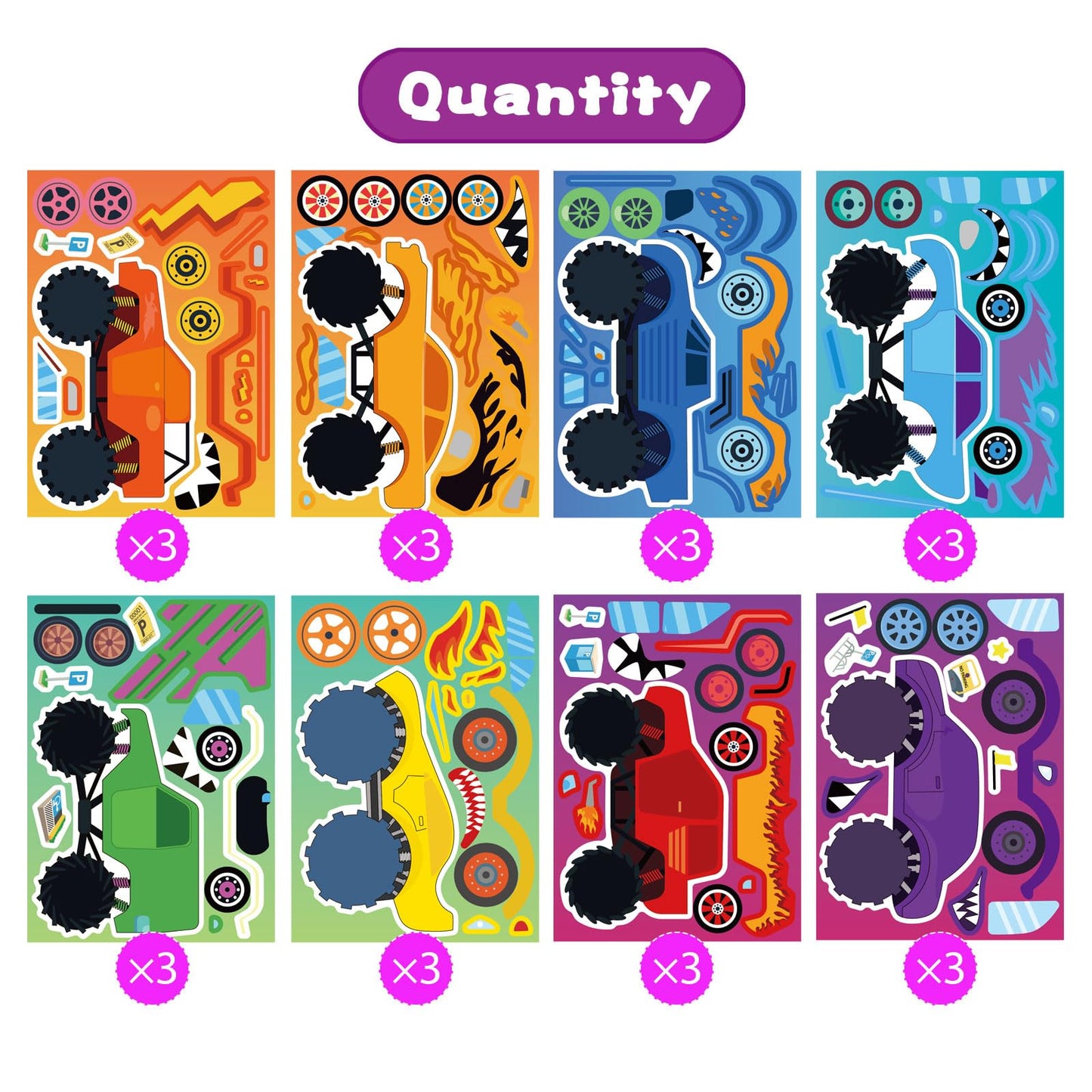 24 Sheets Monster Truck Sticker, Monster Truck Party Favor, Monster Truck Make Your Own Stickers Cartoon Truck Car Make-A-Face S