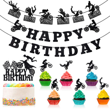 Zonon 20 Pieces Dirt Bike Birthday Decoration Dirt Bike Party Supplies Banner Cake Cupcake Topper For Motocross Themed Birthday Party Man Or Boy Riding Room Wall Decoration (Classic Style)