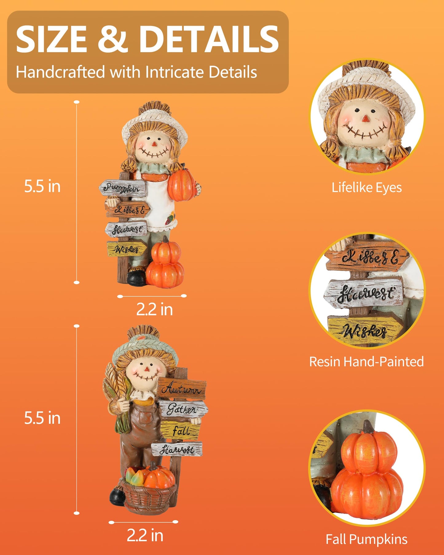 Gognome 2-Pack Thanksgiving Scarecrow Figurines With Inspirational Autumn Plaques - Durable Resin 5.5'' Thanksgiving Table Decor
