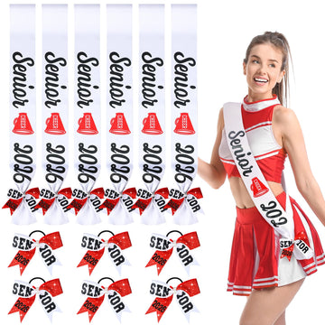 Vinsatin 6 Set Senior Sash 2026 Sport Satin Sash Glitter Cheer Hair Bow Senior Night Decor Cheerleader Gift Girl(Red)