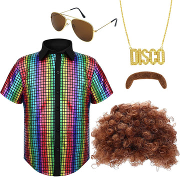 Matiniy 60S 70S Disco Costume Sequins Shirts Button Down Shirts Wigs For Halloween Dress Up
