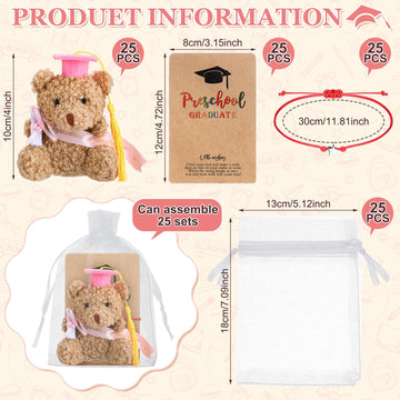 50 Pcs 2025 Preschool Graduation Bear Bulk Set with 25 Mini Graduation Gift Stuffed Bear 25 Adjustable Wish Bracelets Organza Ba