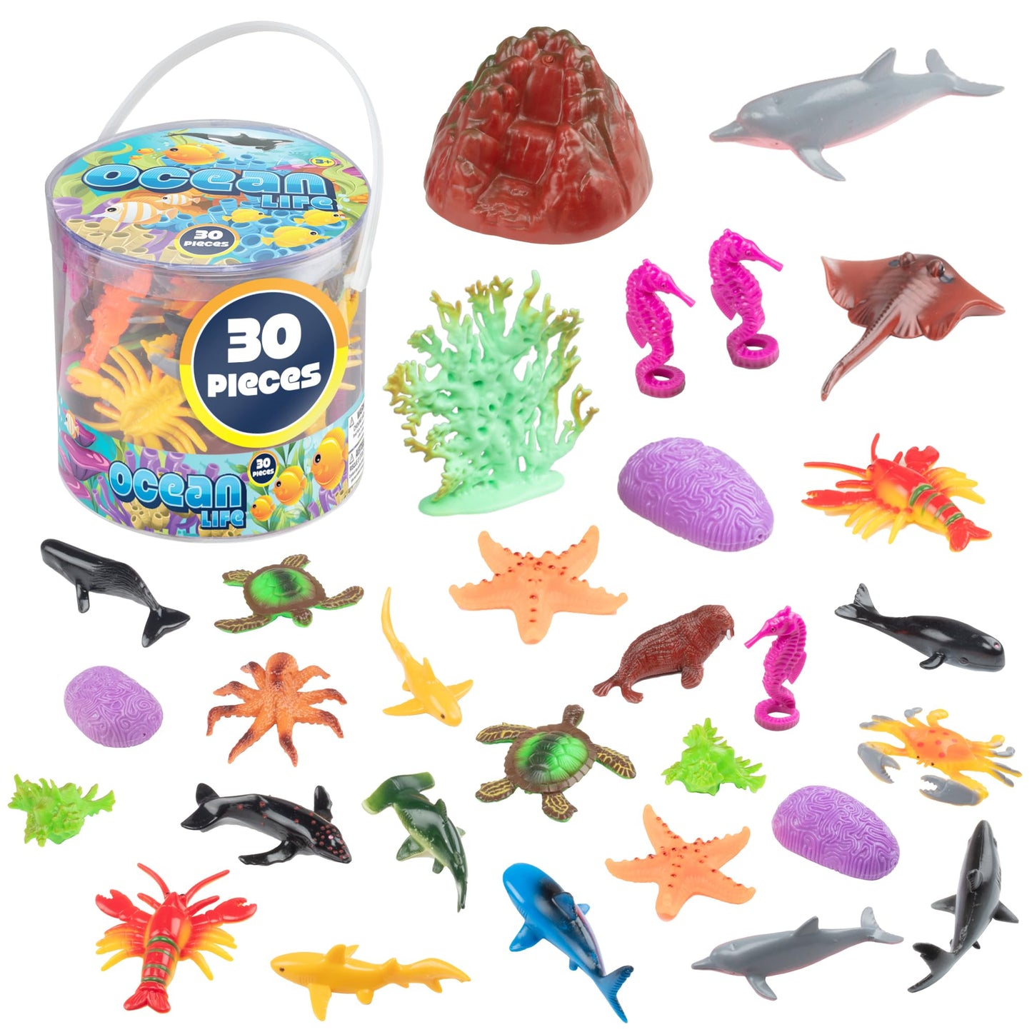 Ocean Life Sea & Animal Toy Action Figure Set - 30Pc Bucket Of Large Marine Animals Includes Turtles, Crabs, Starfishes, Fish, Sharks, Seahorses, Dolphins & More - Great Bathtub, Beach, Sandbox Toys