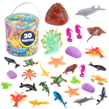 Ocean Life Sea & Animal Toy Action Figure Set - 30Pc Bucket Of Large Marine Animals Includes Turtles, Crabs, Starfishes, Fish, Sharks, Seahorses, Dolphins & More - Great Bathtub, Beach, Sandbox Toys