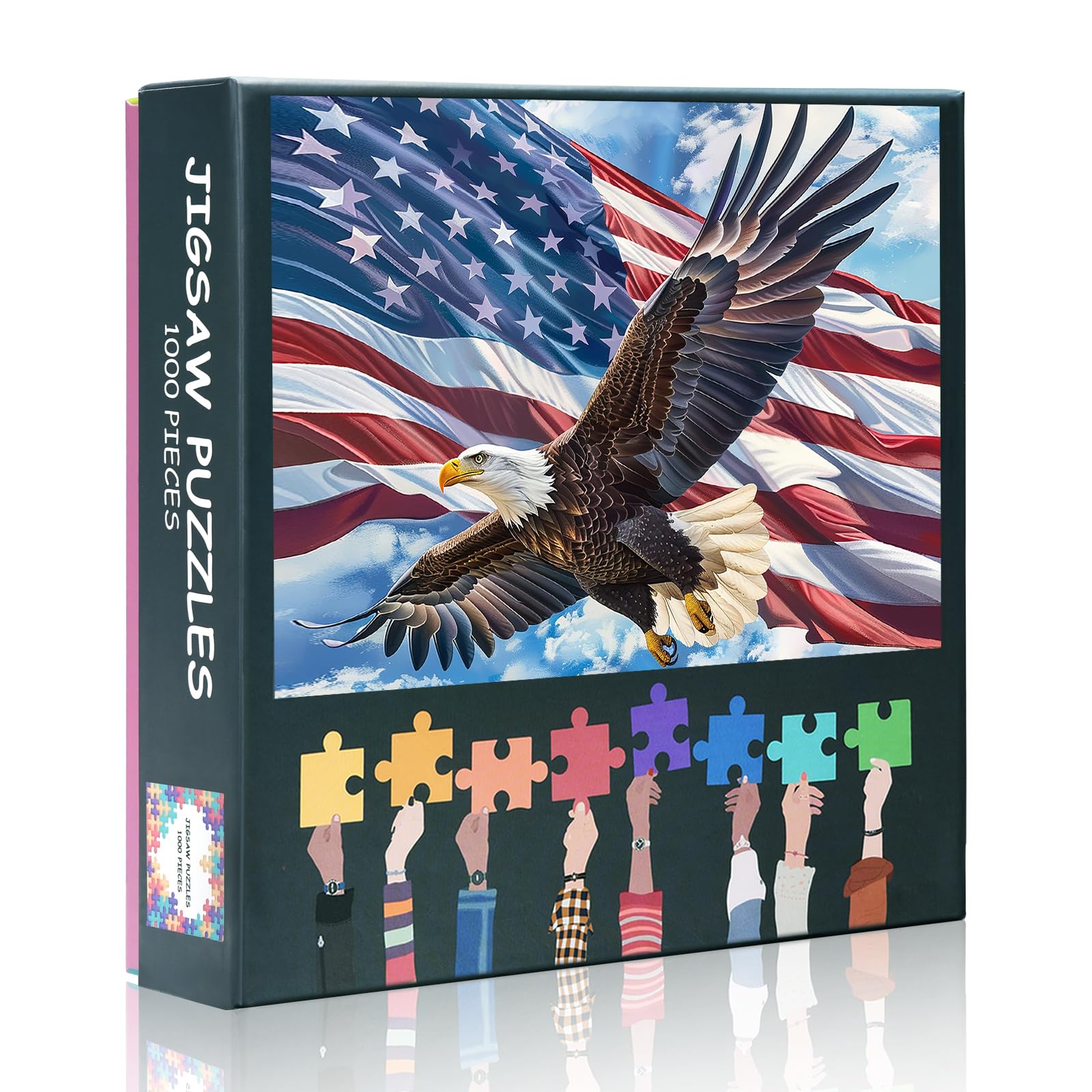 US American Flag Puzzles A Majestic Bald Eagle is Soaring in The Sky Picture Puzzle Power and Freedom Paintings Puzzles Modern mature-themeds Jigsaw Puzzle 1000 Pieces Bald Eagle