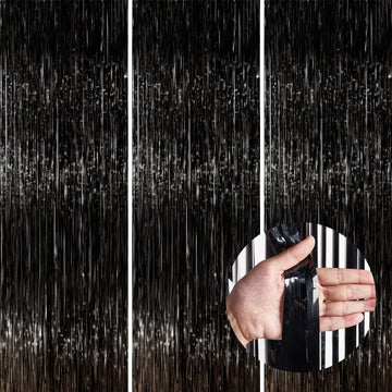 PartyWoo Black Streamers Tinsel Backdrop Curtain 3pcs 8.2ft Foil Fringe Curtain for Black History Month Juneteenth Gothic Weddin