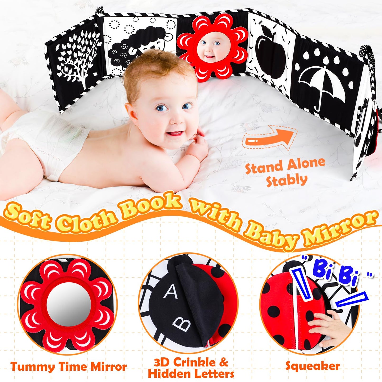 Black And White High Contrast Baby Toys 0-6 Months Montessori Tummy Time Toys Sensory Crinkle Toys For Baby Newborn Infant 0-3 3-6 Months Soft Cloth Books Carseat Toys For Baby Boy Girl Gifts