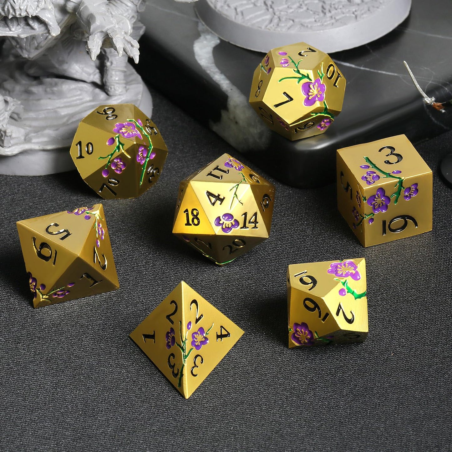 DNDND Metal Dice Set, 7 PCS Metallic Flowers DND Dice with Grogeous Gift Case for D&D Dungeons and Dragon Tabletop Game (Purple
