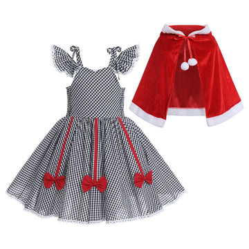 Ibtom Castle Little Girls Christmas Costume Mommy And Me Christmas Matching Outfit Strapless Plaid Dress With Velvet Cape Set Ki