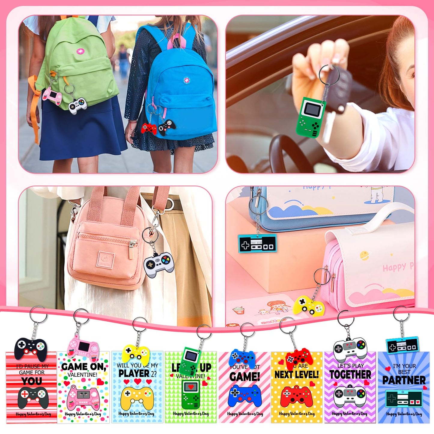 Japior 24 Pack Valentines Day Cards Gifts for Classroom - Fun Video Games Keychains with Class Exchange Gifts Included Valentine