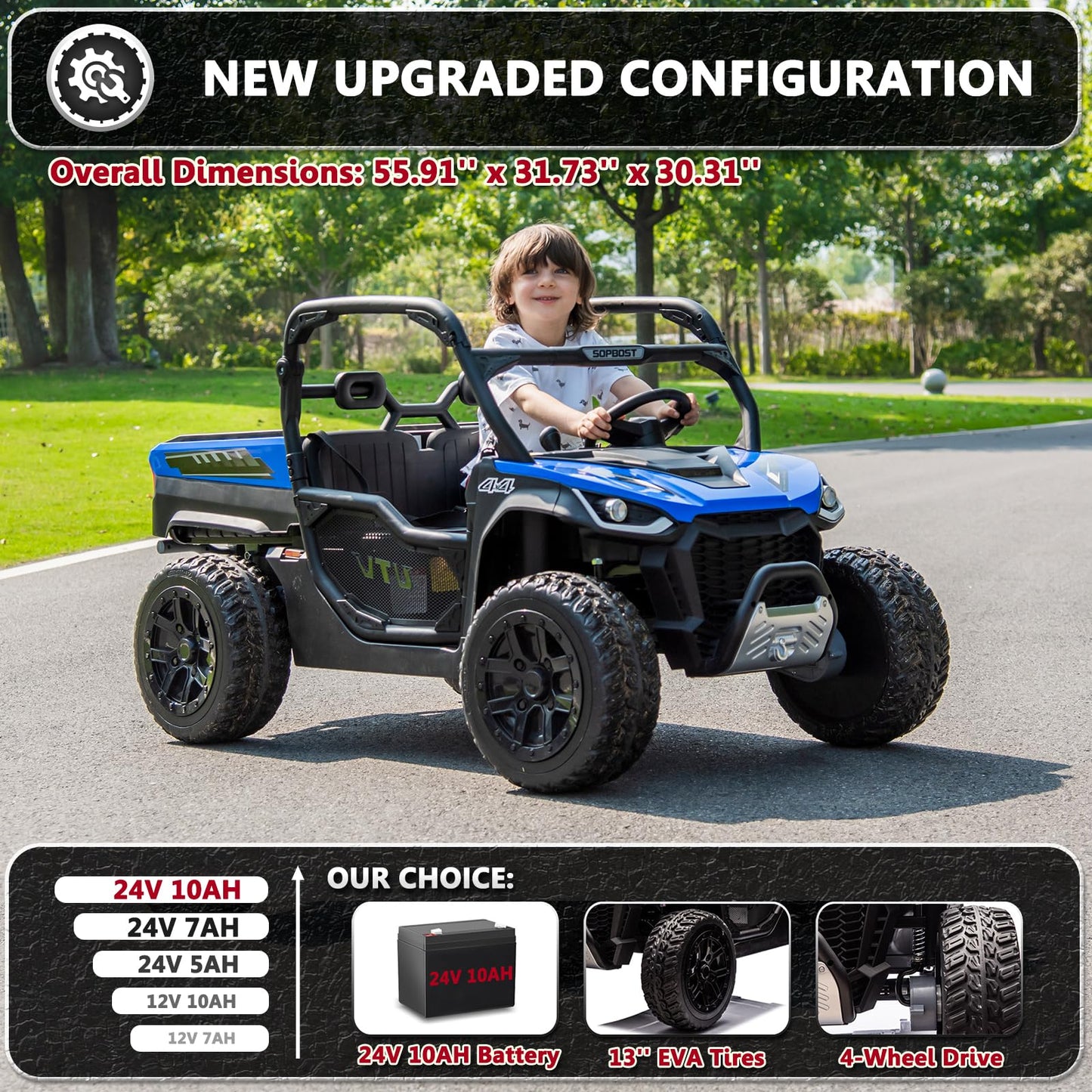 karbost 2 Seater 24V 10Ah Kids UTV Ride On Dump Truck with EVA Tires Ride on Toys for Big Kids with Remote Control 4WD Ride on Car Side by Side Truck with Electric Dump Bed  Shovel  Blue & Black