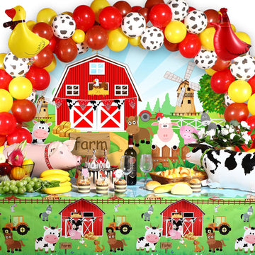 Farm Animals Theme Party Decorations Farm Barn Animals Backdrop Banner Farmhouse Animals Decor Party Tablecloth Balloon Arch Garland Kit For Birthday Photography Baby Shower Party Supplies (Red)