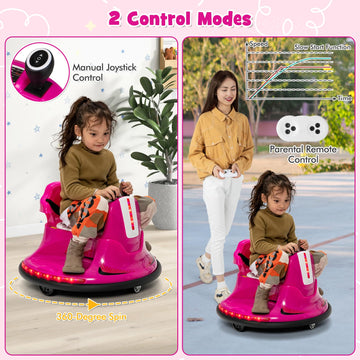 Costzon 12V Kids Ride On Bumper Car, Electric Bumper Car W/Dual Joysticks, Remote Control, 360° Spin, Slow Start Function, Led Lights & Fun Music, Adjustable Safety Belt, Soft Bumper (Pink)
