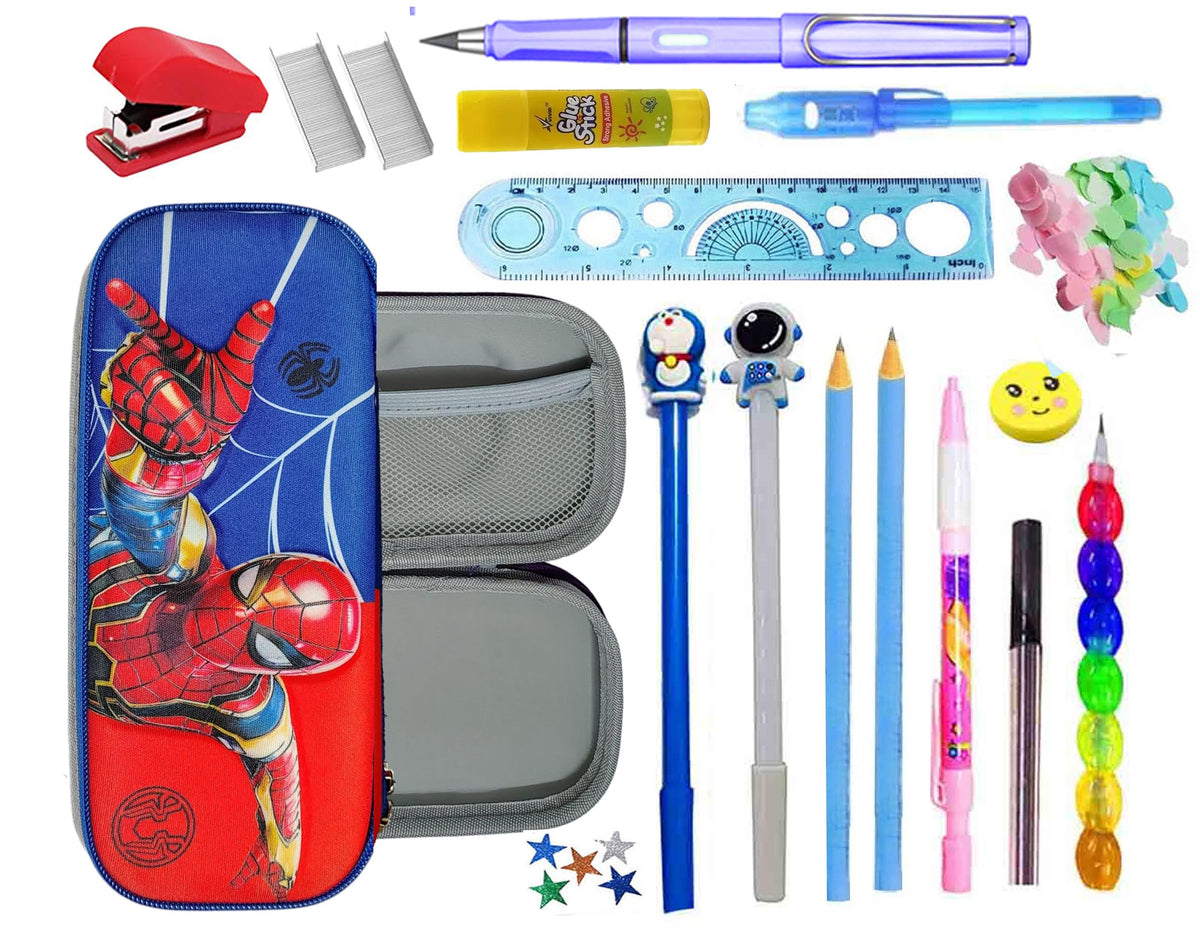 15Pcs Avenger Theme Stationery Gift Set For Boys 3D Embossed Pencil Pouch With All School Stationery Pen Pencil Eraser Glue Pape