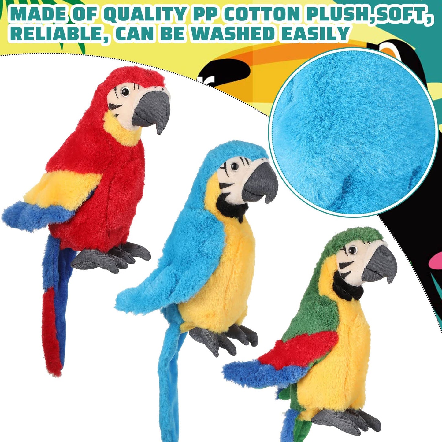 Jexine 3 Pcs Macaw Parrot Plush Toy Soft Stuffed Animal Toy Bird Stuffed Animal Blue Red Stuffed Parrot For Gifts Doll, 9.8 Inch