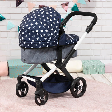 Bayer Design Dolls: Pram Xeo - Blue & White Stars - Dolls Up To 18'', Shoulder Bag, Convertible To Pushchair, Adjustable Handle,