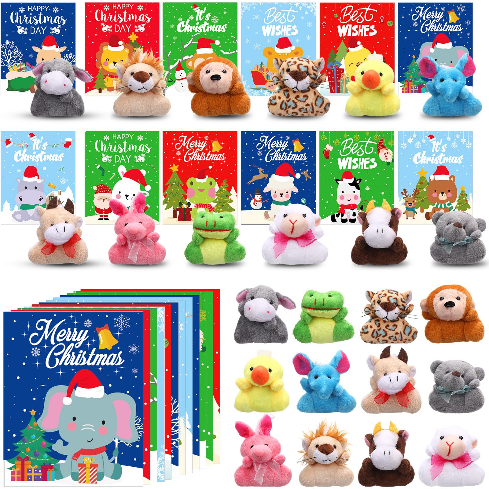Motionchic 48 Set Mini Christmas Stuffed Animals Bulk with Winter Snowflakes Snowmen Cards Cute Plush Animals Keychain for Xmas 