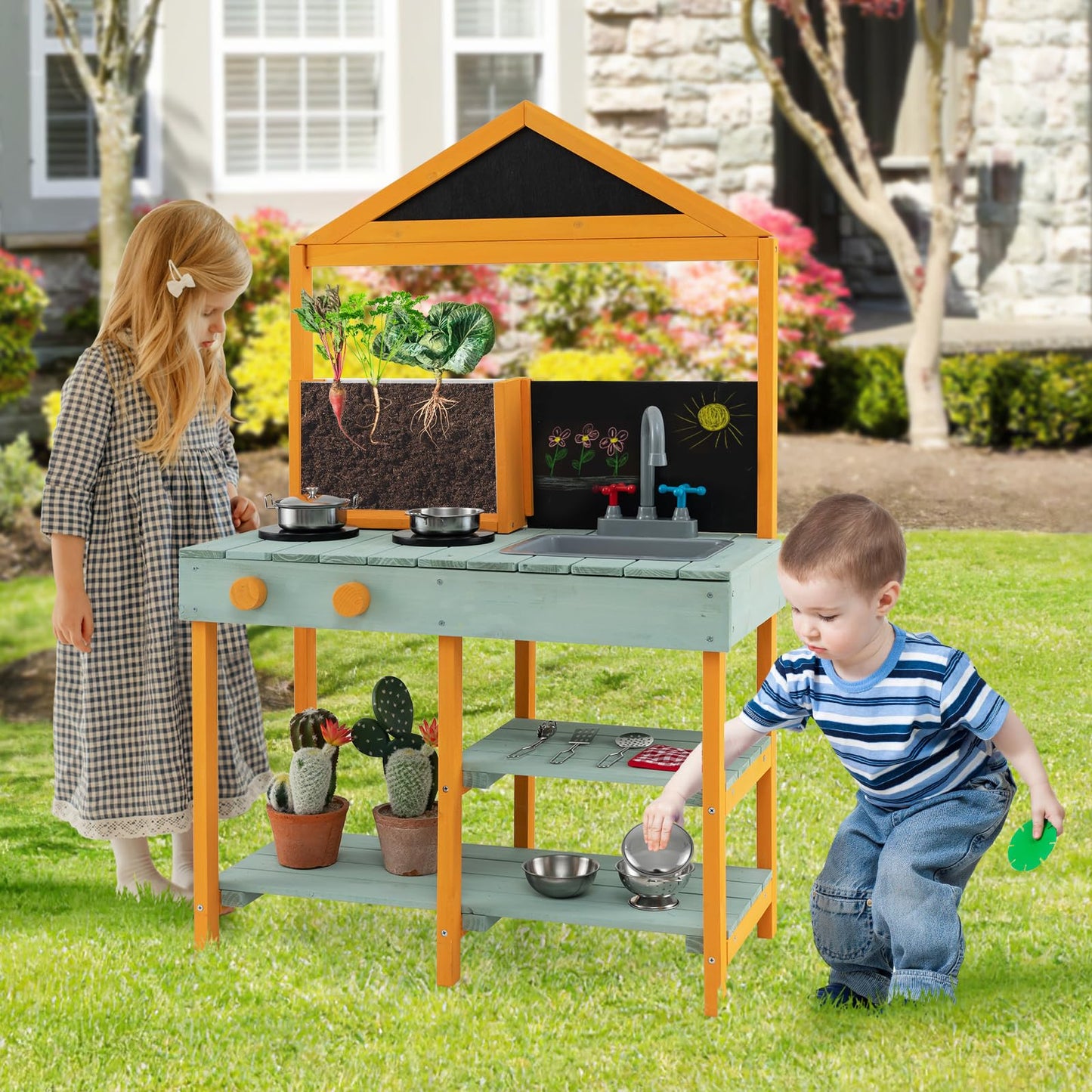 Costzon Mud Kitchen, Wooden Kids Kitchen Playset With See-Through Planter Box, Blackboard, Stoves, Sink & Faucet, Cooking Access