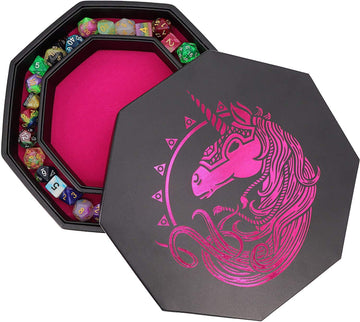 Fantasydice- Pink - War Unicorn- Dice Tray - 8'' Octagon with Lid and Dice Staging Area- Holds 5 Sets(7 Dice Set/Standard) for A