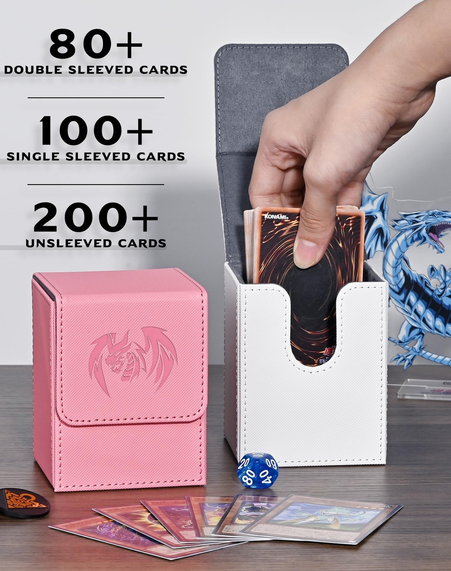Uaono Card Deck Box For Yugioh Mtg Cards, 100+ Deck Case With 2 Dividers Fits Tcg Ccg, Pu Leather Card Storage Box Compatible With Collectible Trading Cards (White, Sky Dragon)