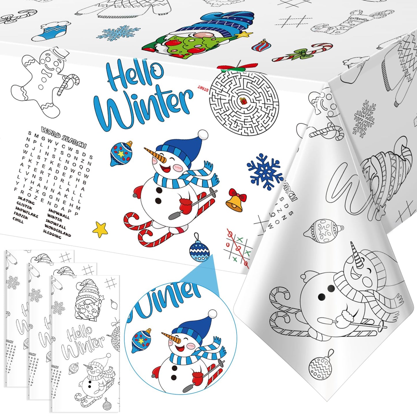 3 Pack Winter Coloring Tablecloth for Kids, Disposable Christmas Paper Tablecloth, Snowman Hello Winter Color-in Activity Table 