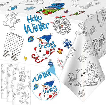 3 Pack Winter Coloring Tablecloth for Kids, Disposable Christmas Paper Tablecloth, Snowman Hello Winter Color-in Activity Table 