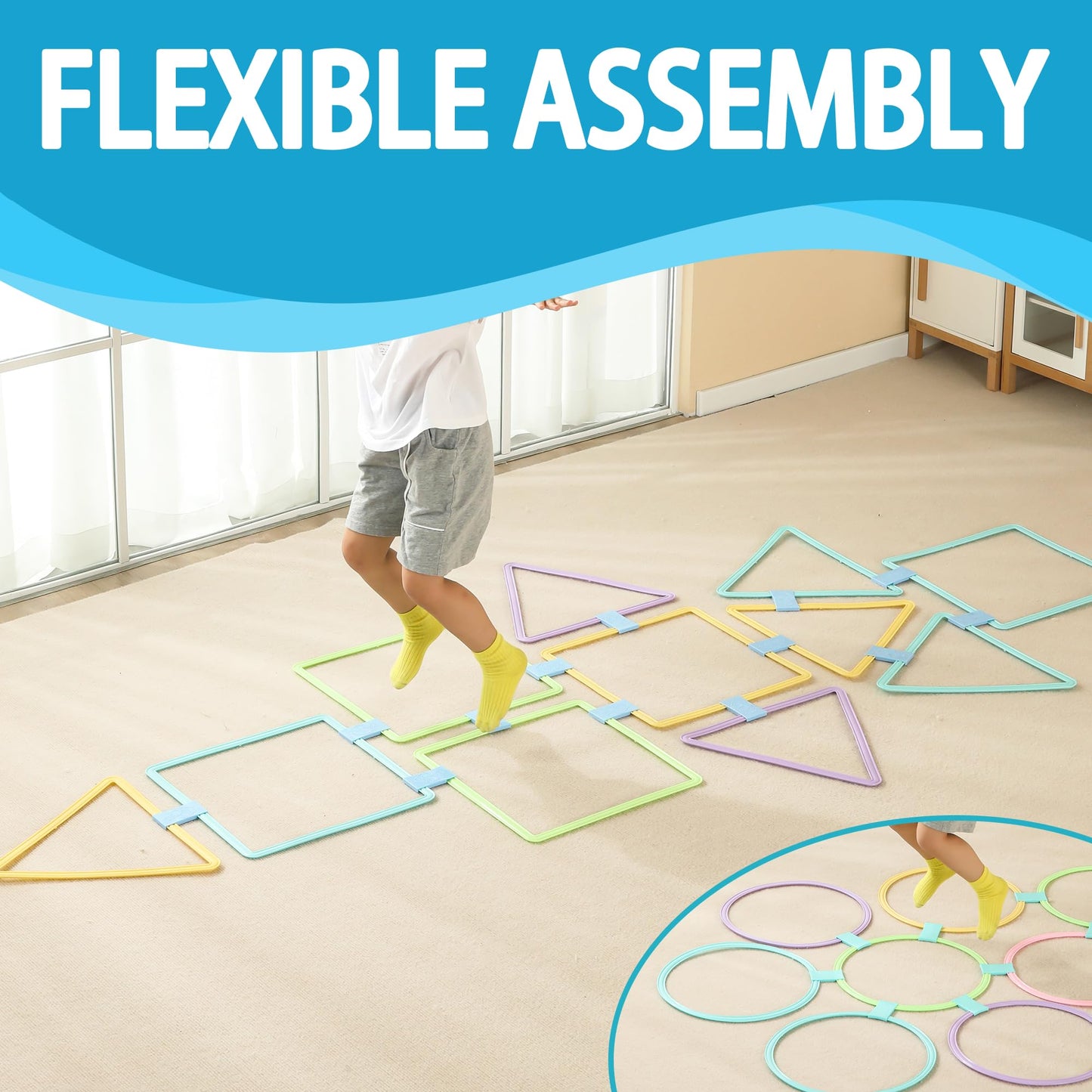 Oranmew 3 Sets Hopscotch Rings & Bean Bag Toss - 30 Pcs Indoor/Outdoor Agility Rings (Square, Triangle, Round) with 6 Beanbags -