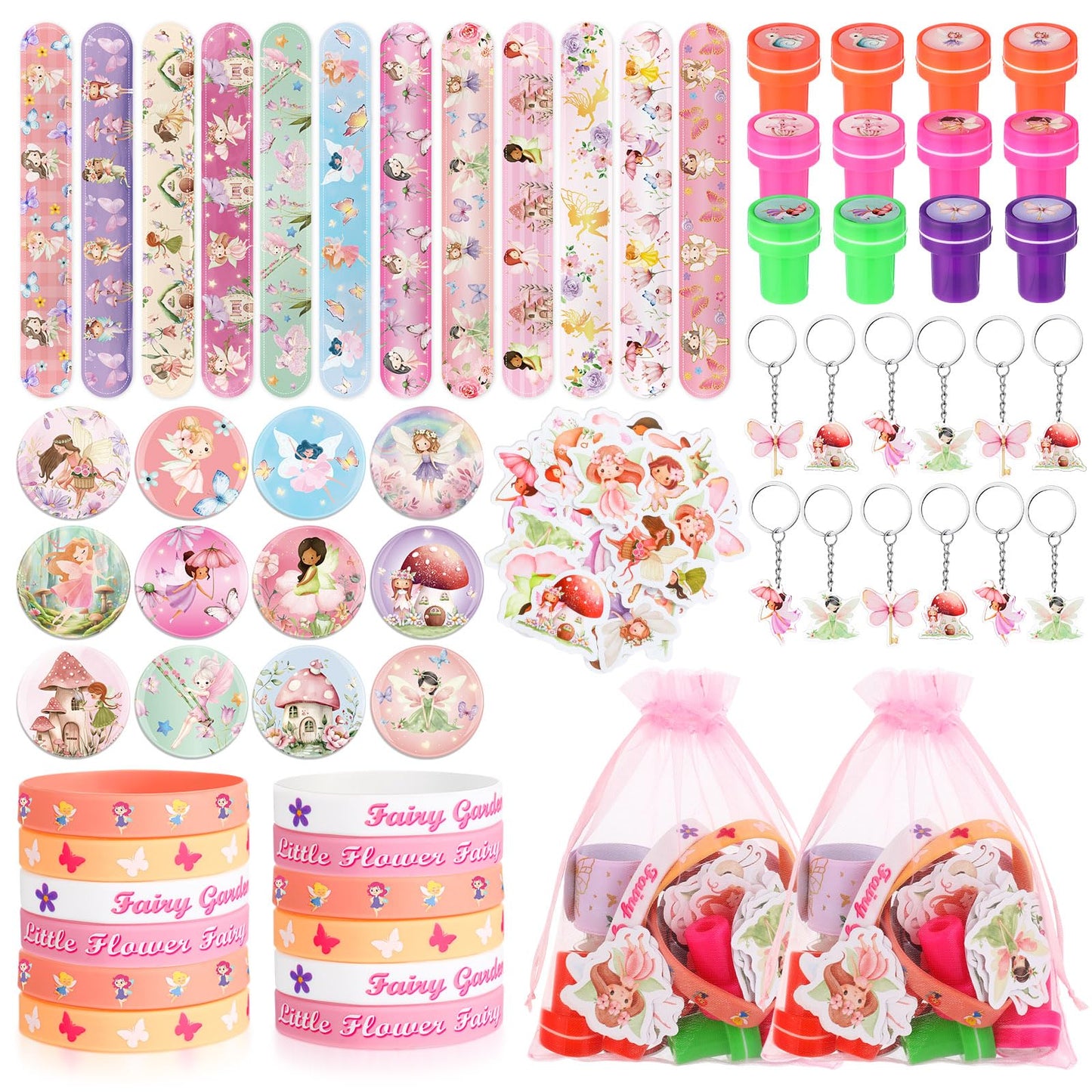 Funrous 122 Pcs Fairy Party Favors Bulk with Woodland Fairy Silicone Slap Bracelets Keychains Stickers Stampers Badges Gifts Bag