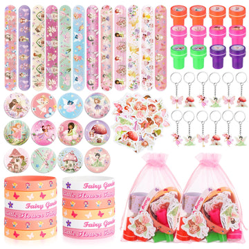 Funrous 122 Pcs Fairy Party Favors Bulk with Woodland Fairy Silicone Slap Bracelets Keychains Stickers Stampers Badges Gifts Bag