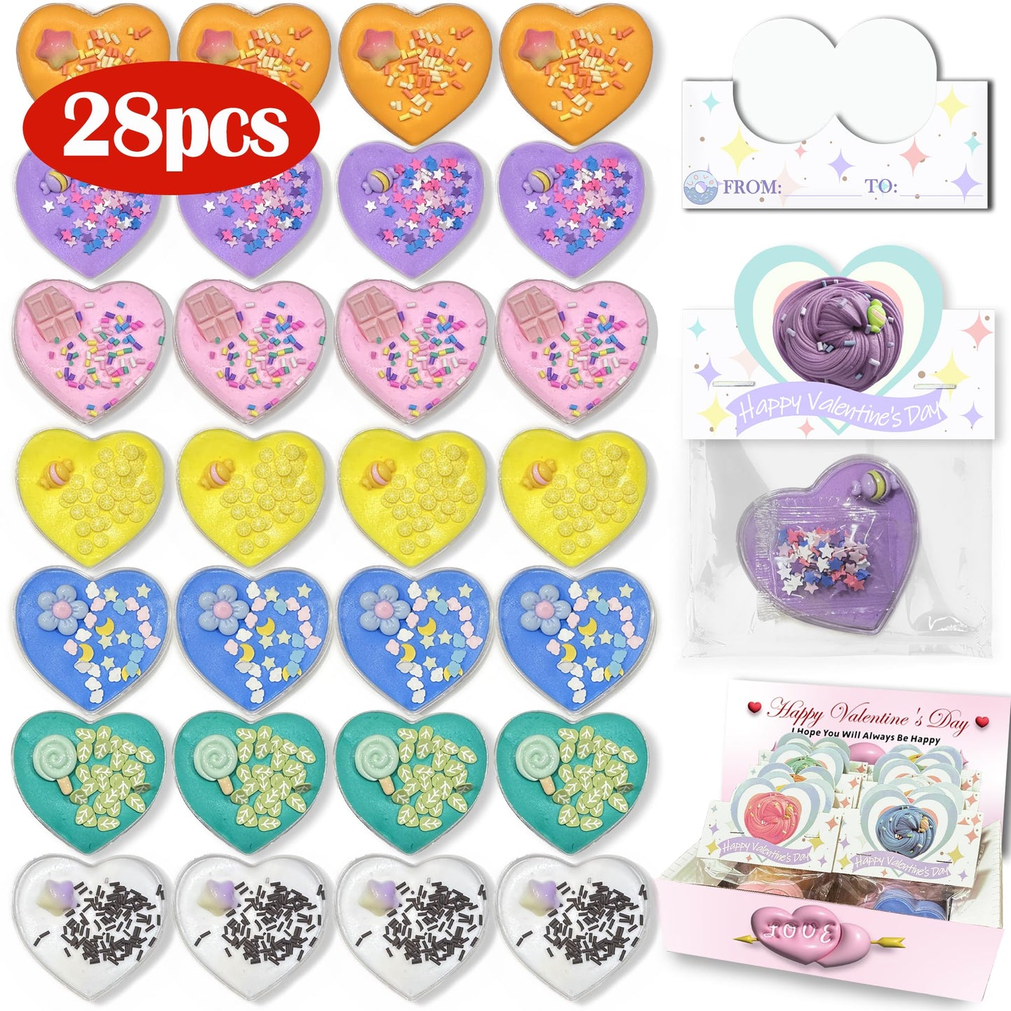 SHGIUOAX 28 Pack Holiday Day Slimes, Heart Shaped Glitter DIY Slime Kits with Greeting Cards for School Classroom, Valentine Par