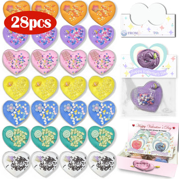 SHGIUOAX 28 Pack Holiday Day Slimes, Heart Shaped Glitter DIY Slime Kits with Greeting Cards for School Classroom, Valentine Par