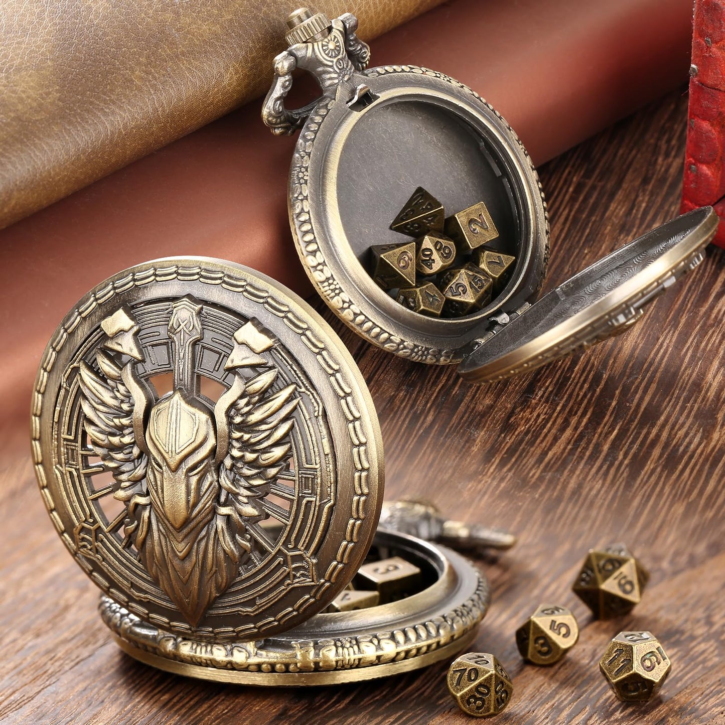 Mini DND Dice Set Steampunk Hollow Paladin Knight Warrior Pocket Watch Shell Case, 7pcs Polyhedral Metal D&D Dice Set, DND Gifts